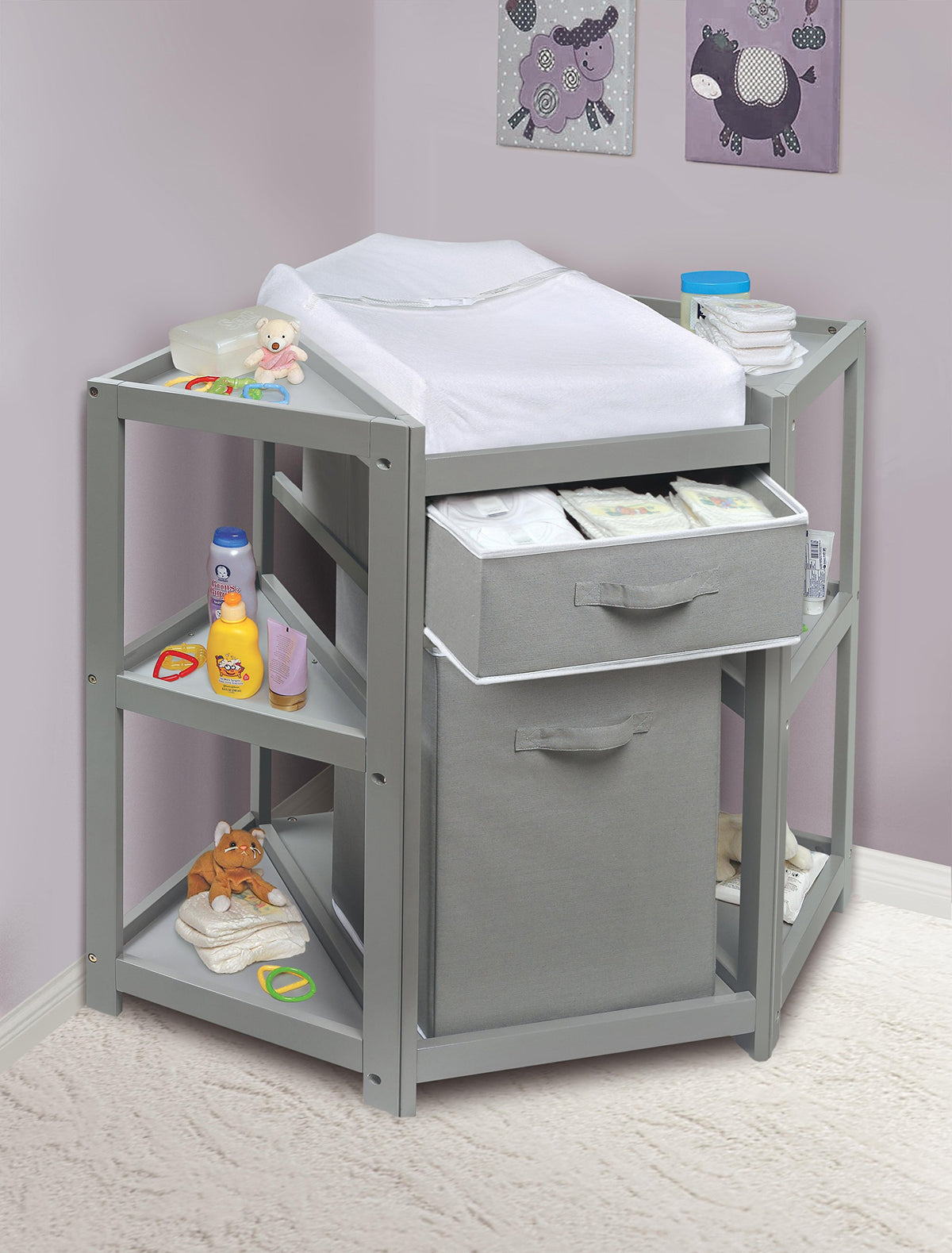 Gray Corner Baby Changing Table with Storage Bin I619