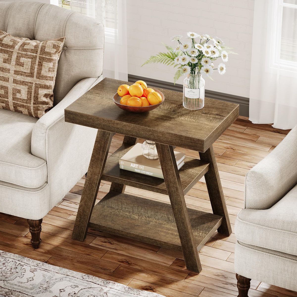 3-Tier Wooden Sofa Side Table with Trapezoid Legs N69591
