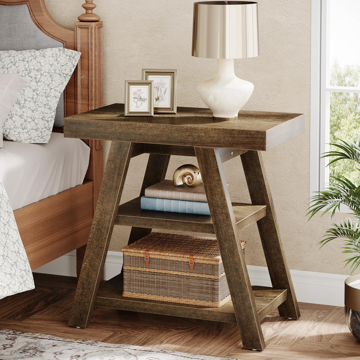 3-Tier Wooden Sofa Side Table with Trapezoid Legs N69591